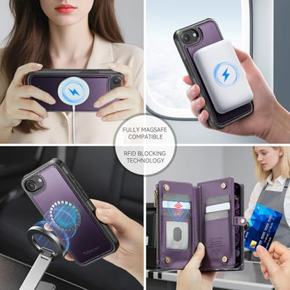 Defencase for iPhone 17e/16e Case Wallet Compatible with Magsafe, Purple | Drop-Proof Magnetic Detachable Phone Cases Cover, with RFID Bolcking Card Holder, Zipper Strap, PU Leather, Removable Wallet - color: (Detachable with Magsafe)-Purple