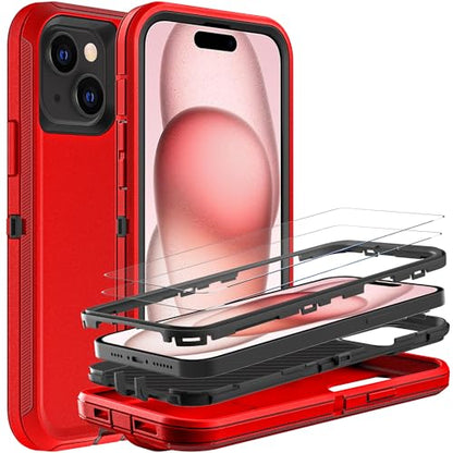 YKHJKLEC for iPhone 15 Case, Military Grade 3 in 1 Heavy Duty Shockproof/Drop Proof/Dust Proof Case with 2Pcs Tempered Glass Screen Protector (Red/Black) - color: Red/Black