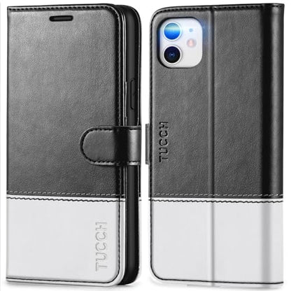 TUCCH Case Wallet for iPhone 11 (6.1"), RFID Blocking Folio, Black & White | 3 Card Holders, Kickstand, PU Leather, Magnetic Closure, Shockproof TPU Shell, Protective Flip Cover - color: Black & White