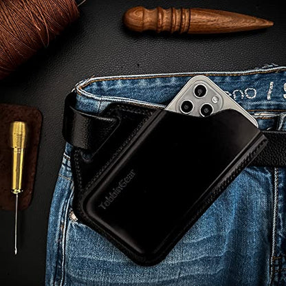 TobbinGear Leather Belt Phone Pouch, Leather Cell Phone Holster, Universal Phone Case with Belt Loops, for Men and Women Large Black - color: Loops - Black, size: L - Right Handed