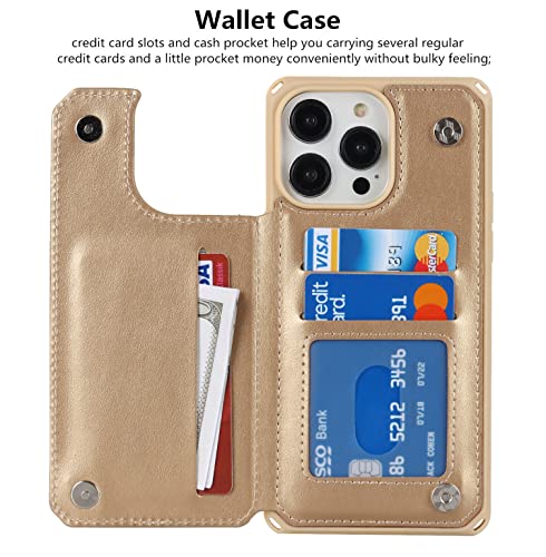 iCoverCase Compatible with iPhone 14 Pro Max Wallet Phone Case with Card Holder for Women, RFID Blocking Embossed PU Leather Wrist Strap Case 6.7 Inch (Macaron Gold) - color: P-Gold