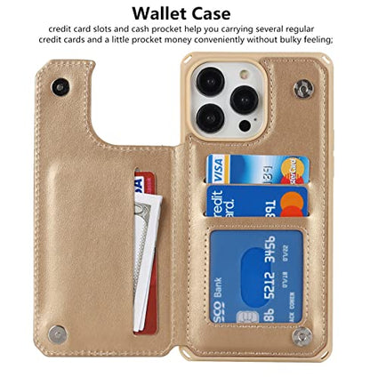 iCoverCase Compatible with iPhone 14 Pro Max Wallet Phone Case with Card Holder for Women, RFID Blocking Embossed PU Leather Wrist Strap Case 6.7 Inch (Macaron Gold) - color: P-Gold