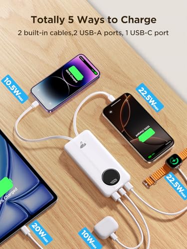 Aioneus Power Bank, 10000mAh Portable Charger with Built in Cables (1-Pack) - color: White, size: 10000mAh