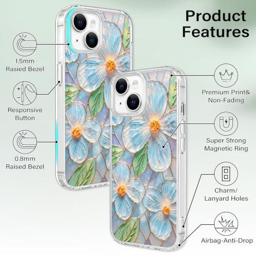 for iPhone 13 Mini 5.4" Magnetic Case【Compatible with MagSafe】 Aesthetic Oil Painting Stained Glass Flower Design, Slim Fit Hard PC Back Shockproof Cute Clear Phone Cover, Light Blue - color: Light Blue, size: iPhone 13 Mini