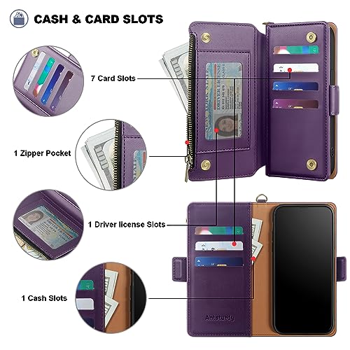 Antsturdy for iPhone 14 Plus Phone Wallet Case Women,Purple | RFID Blocking,with Credit Card Holder Slots,PU Leather Purse,Zipper Pocket,Wrist Strap Kickstand,Flip Folio Cover for Men - color: Purple