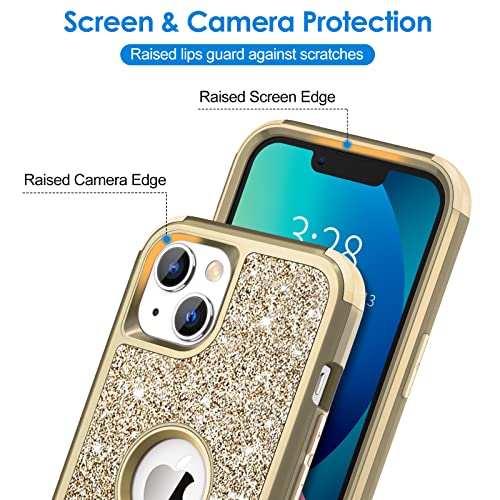 Hython Case for iPhone 13 Case Glitter, Cute Sparkly Shiny Bling Sparkle Cover, Heavy Duty 3 in 1 Hybrid Hard PC Soft TPU Bumper Full Body Shockproof Protective Phone Cases for Women Girls, Gold - color: Gold