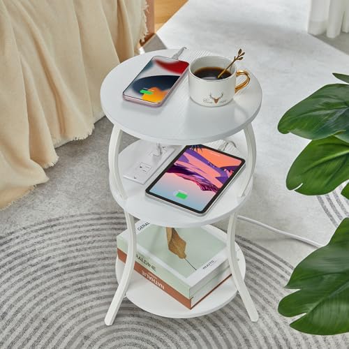 YEAKOO Small Round Side Table with Charging Station,White - color: White, style: USB Charger