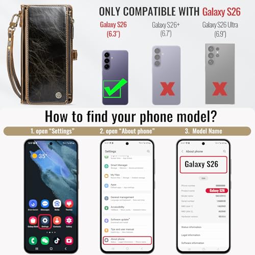 Defencase for Samsung Galaxy S26 Wallet Case with RFID Card Holder, Coffee | Durable Soft PU Leather, with Zipper Pocket, Wrist Strap, Fashion Snap Flip S26 Phone Cases Cover with Stand for Women Men - color: Coffee