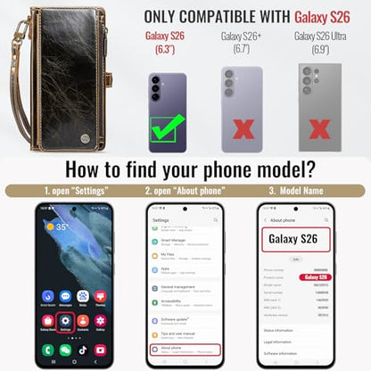 Defencase for Samsung Galaxy S26 Wallet Case with RFID Card Holder, Coffee | Durable Soft PU Leather, with Zipper Pocket, Wrist Strap, Fashion Snap Flip S26 Phone Cases Cover with Stand for Women Men - color: Coffee