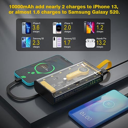 Portable Charger 10000mAh,22.5W Fast Charging Power Bank with Built in Cables,Transparent External Battery Pack with Flashlight,USB C in&out Portable Phone Charger for iPhone Samsung Android Cellphone - color: Transparent+Black
