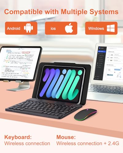 EAMPANG Universal Bluetooth Keyboard and Case for Tablet/Phone/Laptop,Wireless Portable Slim Keypad and Mice Rechargeable Adjustable Bracket for iPad A16/Mini/Air/iPhone/Galaxy Z Fold Pure Black - color: Black