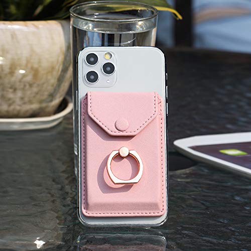 Cell Phone Card Holder RFID Ring Stand Stick on Wallet Card Holder for Back of Phone iPhone Android and All Smartphones Adhesive Credit Card Holder Pink - color: Pure Pink