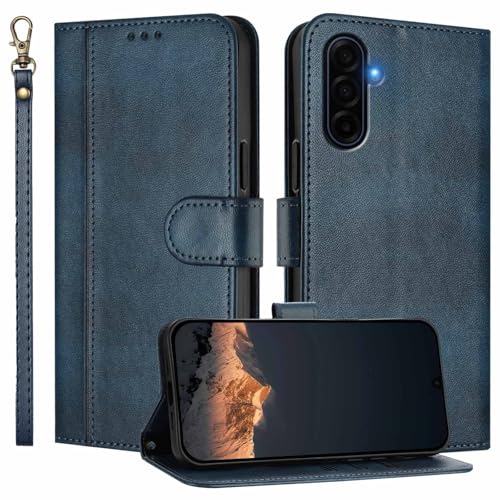 for Galaxy A17 5G Phone Case Wallet and Wrist Strap (Blue) | Card Holder Slots, PU Leather, Flip Cover, Magnetic Closure, Kickstand, Folio Protective, for Samsung A17 Case - color: Blue