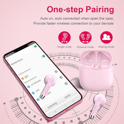 Wireless Earbuds, Bluetooth 5.4 Earbuds Stereo Bass, Bluetooth Headphones - color: light pink