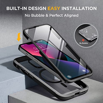 miracase for iPhone 13 Case 6.1'',Full-Body Magnetic Clear Bumper Case with Built-in 9H Tempered Glass Screen Protector,Military Drop Protection Outdoor Phone Case,Black | Full-Body Protection,Magnetic with MagSafe,Military-Grade Drop Protection Outdoor C