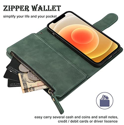 RANYOK Wallet Case Compatible with iPhone 13/14 (6.1 inch), Premium PU Leather Zipper Folio Wallet RFID Blocking with Wrist Strap Magnetic Closure Built-in Kickstand Protective Case (Black Green) - color: Black Green