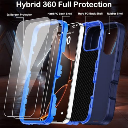for iPhone 16 Pro Case with Screen Protector,Built-in Invisible Kickstand,Heavy Duty Shockproof Drop Protection Military Grade Tri-Layer Rugged Durable Cell Phone Cover for Apple 16 Pro 6.3" (Blue) - color: Blue