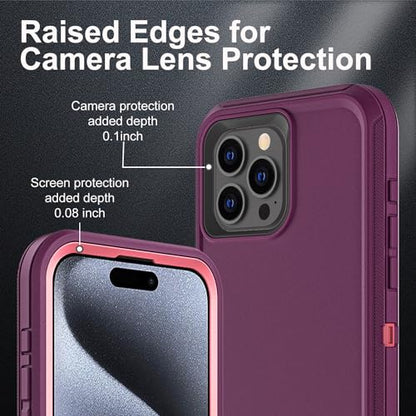 YKHJKLEC for iPhone 15 Pro Case, Military Grade 3 in 1 Heavy Duty Shockproof/Drop Proof/Dust Proof Case with 2Pcs Tempered Glass Screen Protector (Purple/Pink) - color: Purple/Pink