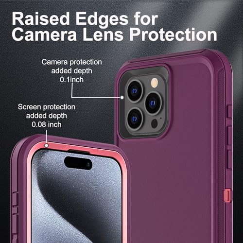 YKHJKLEC for iPhone 15 Pro Case, Military Grade 3 in 1 Heavy Duty Shockproof/Drop Proof/Dust Proof Case with 2Pcs Tempered Glass Screen Protector (Purple/Pink) - color: Purple/Pink