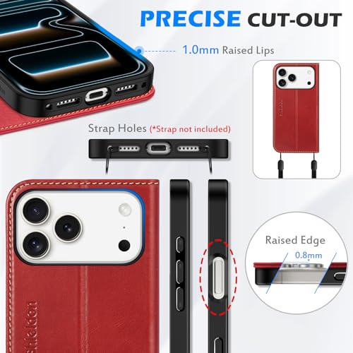 SHIELDON Genuine Leather Case Wallet for iPhone 17 Pro Max 6.9", Retro Red | Flip Magnetic Cover, RFID Blocking, Credit Card Holder, Kickstand, Book Design, Full Protection, Shockproof Phone Shell - color: Retro Red