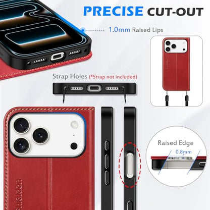 SHIELDON Genuine Leather Case Wallet for iPhone 17 Pro Max 6.9", Retro Red | Flip Magnetic Cover, RFID Blocking, Credit Card Holder, Kickstand, Book Design, Full Protection, Shockproof Phone Shell - color: Retro Red