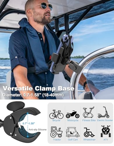 Boat Phone Clamp Mount, [Strap Double Protection] Marine Clip Holder