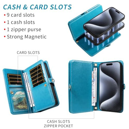 Asuwish Phone Case for iPhone 15 Pro 6.1 inch Zipper Wallet Magnetic Detachable Cell Cover with Tempered Glass Screen Protector Crossbody Strap Flower Credit Card Holder i Phone15 i15 15Pro Women Blue - color: Blue