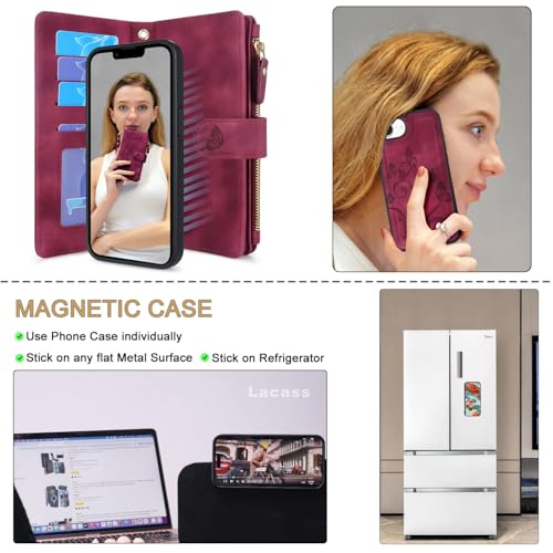 Case Wallet Compatible with iPhone 16e/17e, [12 Card Slots] ID Credit Cash Holder Zipper Pocket Detachable Leather Wallet Cover with Wrist Strap Lanyard（Floral Wine Red） - color: Floral Wine Red