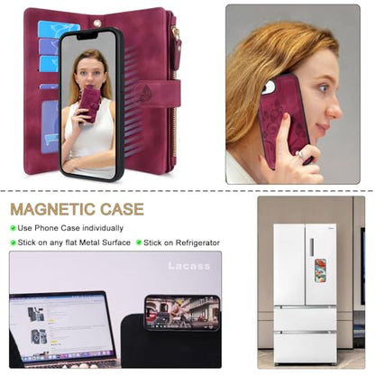 Case Wallet Compatible with iPhone 16e/17e, [12 Card Slots] ID Credit Cash Holder Zipper Pocket Detachable Leather Wallet Cover with Wrist Strap Lanyard（Floral Wine Red） - color: Floral Wine Red