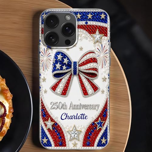 USA Anniversary Sparkling Bow, Personalized Clear Phone Case, Gift for Her