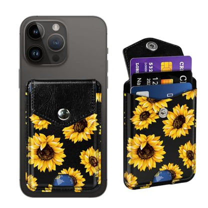 Self Adhesive Card Holders for Back of Phone, Cute Premium Leather RFID Phone Wallet Pockets with Snap, Slim Card Holders Sleeve for Phone Case, Sunflower - color: Sunflower