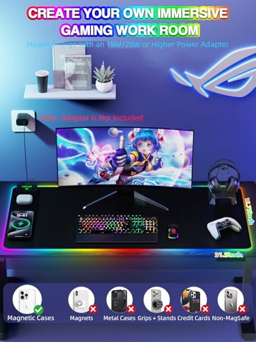 Mouse Pad with 15W Magnetic Wireless Charging 31.5x15.75 Inch, RGB Mousepad for Desk Mat, XXL Desk Pad with 11 Colors & 5 Modes, Home Office Large Keyboard Pad Waterproof Non-Slip for Gaming PC Setup - color: Black Touch Control Magnetic XXL