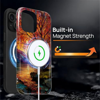 Magnetic Phone Case for iPhone 15 Plus,Compatible with MagSafe,Durable 2 Layers Full Covered Shockproof Protective Cover-Stained Glass Sunrise Fall Leaves - color: Stained Glass Sunrise Fall Leaves, size: iPhone 15 Plus