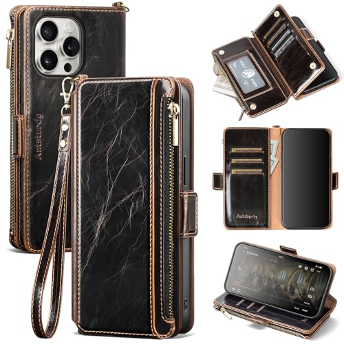 Antsturdy for iPhone 14 Pro Phone Wallet Case Women,(Coffee) | RFID Blocking,with Credit Card Holder Slots,PU Leather Purse,Zipper Pocket,Wrist Strap Kickstand,Flip Folio Cover for Men - color: B-Coffee