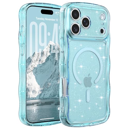 FABSPARK Glitter Case for iPhone 17 Pro Max,Fit for MagSafe,Blue | Magnetic Curly Wavy Frame | Sparkly Bling Glitter | Transparent Clear Acrylic Hard PC for iPhone 17 Pro Max,Blue - color: Glitter Clear Blue, size: for iPhone 17 Pro Max