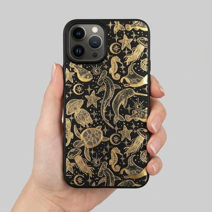 Phone Case compatible with iPhone 13 - Gold Sea Life Animal Protective Cover TPU Black Rubber Matte Aesthetic Golden Cover Cute Ocean Fish Trendy Turtle Seahorse Stingray Celestial Design Summer - color: Sea Life, size: iPhone 13