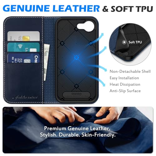 SHIELDON Real Leather Case Wallet for iPhone 17e/16e 6.1", Retro Dark Blue | Magnetic Closure, RFID Blocking, Credit Card Slot, Kickstand, Flip Book Design, Soft Shockproof Phone Cover - color: Retro Dark Blue