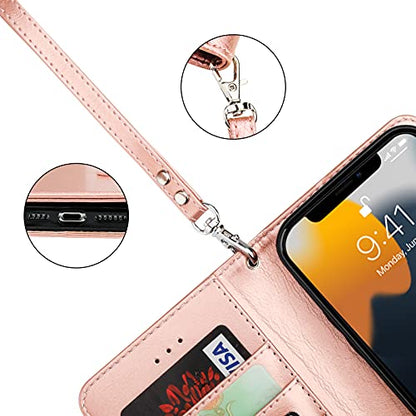 Bocasal Detachable Wallet Case Card Holder for iPhone 13 Pro Max Rose Gold | RFID Blocking Kickstand Card Slots Holder PU Leather Magnetic Shockproof Wrist Strap Removable Flip Protective Cover 6.7 inch - color: Rose Gold