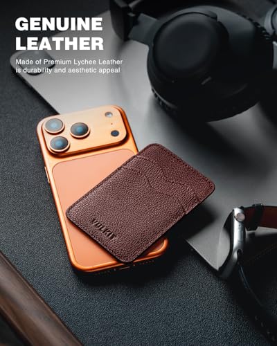 VULKIT Stick on Card Holder Compatible for iphone Leather Cell Phone Wallet Credit Card Case Strong Sticker for Women - color: Genuine Espresso