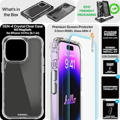 REBEL Phone Clear Case for iPhone 14 Pro [Crystal Series Gen-4] Non-Yellowing, Transparent, Anti-Scratch, Protective Shockproof Bumpers, Metal Buttons, 6.1 Inch 2023 Cover (Crystal Clear, No MagSafe) - color: Crystal Clear, No MagSafe, size: iPhone 14 Pro