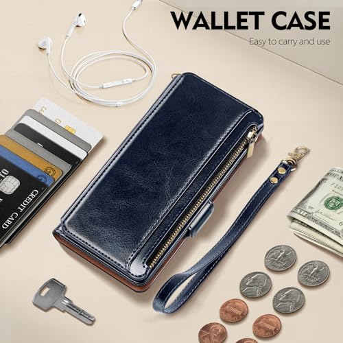 Antsturdy for iPhone 14 Plus Phone Wallet Case Women,Dark Blue | RFID Blocking,with Credit Card Holder Slots,PU Leather Purse,Zipper Pocket,Wrist Strap Kickstand,Flip Folio Cover for Men - color: A-Dark Blue