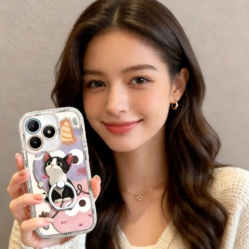 Phone Ring Stand Holder, Black & White Cat Phone Ring Grip Holder for Women Girls Cute Girly Kawaii Finger Ring Grip Stand for iPhone 17 16 15 14Air - color: Cartoon Cat Phone Ring Grip