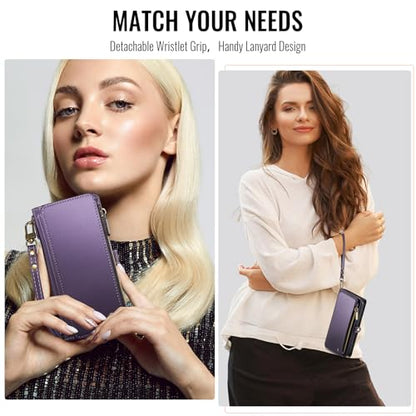 Defencase for iPhone 14 Plus Wallet Case with RFID Card Holder, Purple | Durable Soft PU Leather, with Zipper Pocket, Wrist Strap, Fashion Snap Flip Phone Cases Cover with Stand for Women and Men - color: Purple