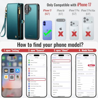 Defencase for iPhone 17 Phone Case Wallet Compatible with Magsafe, Green | Magnetic Detachable, Drop-Proof Protective Wallet Cases Cover, with RFID Bolcking Card Holder, Zipper Strap, Soft PU Leather - color: (Detachable with Magsafe)-Blue Green