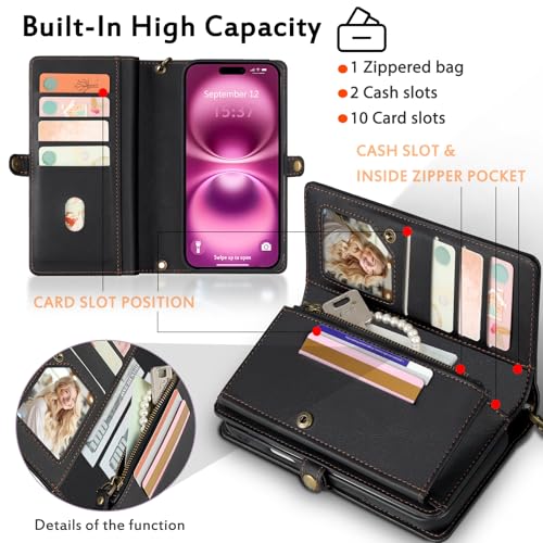for Wallet Case Compatible with iPhone 16 Plus,Multi-Function Detachable 2 in 1 Magnetic iPhone 16 Plus Case Wallet,Flip Strap Zipper Card Holder Phone Case with Shoulder Straps (Black) - color: Black, size: iPhone 16 Plus