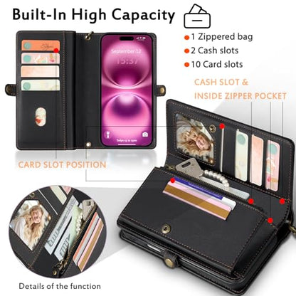 for Wallet Case Compatible with iPhone 16 Plus,Multi-Function Detachable 2 in 1 Magnetic iPhone 16 Plus Case Wallet,Flip Strap Zipper Card Holder Phone Case with Shoulder Straps (Black) - color: Black, size: iPhone 16 Plus