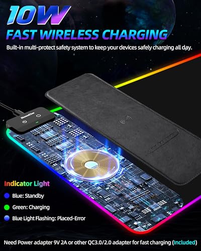 Wireless Charging RGB Gaming Mouse Pad 10W, 31.5"x11.8" Large Desk Mat, 9 Light Modes, Non-Slip Rubber Base, Waterproof Computer Keyboard Mat for Gaming
