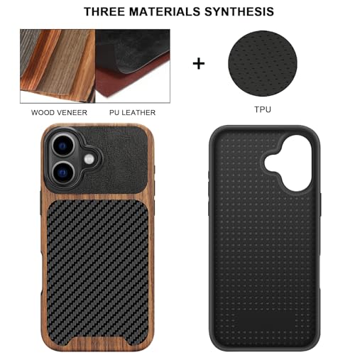 TENDLIN Compatible with iPhone 16 Plus Phone Case Wood Grain with Carbon Fiber Texture Design Leather Hybrid Slim Case (Black) - color: Black, size: iPhone 16 Plus
