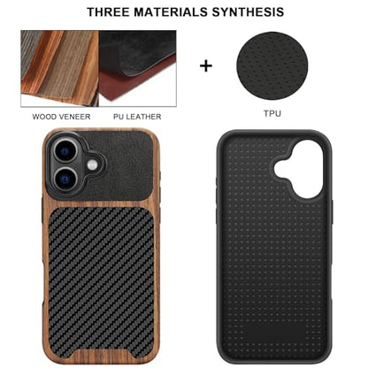TENDLIN Compatible with iPhone 16 Plus Phone Case Wood Grain with Carbon Fiber Texture Design Leather Hybrid Slim Case (Black) - color: Black, size: iPhone 16 Plus