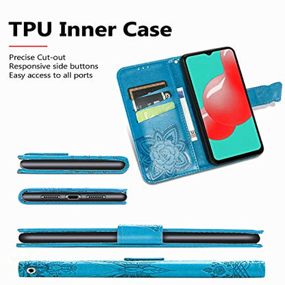 Wallet Case for Samsung Galaxy A03s with Card Holder Blue | PU Leather Flip Phone Cover,Wrist Strap,Woman Man Purse,Emboss Butterfly Flower,Stand,Shockproof TPU Shell, Magnetic Closure - color: B Blue
